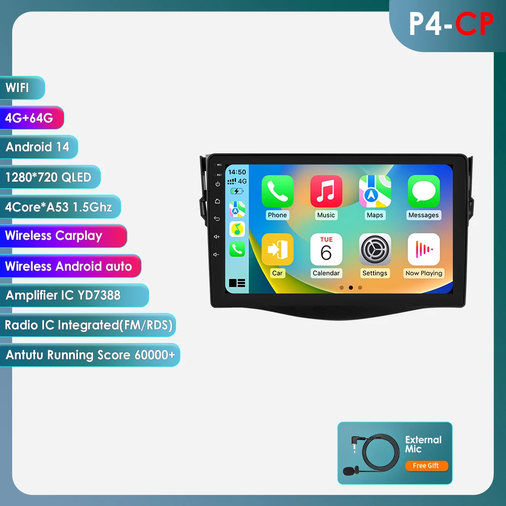 Hizpo 8 + 128 GB Android 13 Voor Toyota RAV4 2006-2012 Autoradio Multimedia Speler AI Spraakbesturing navigatie GPS Draadloze Carplay