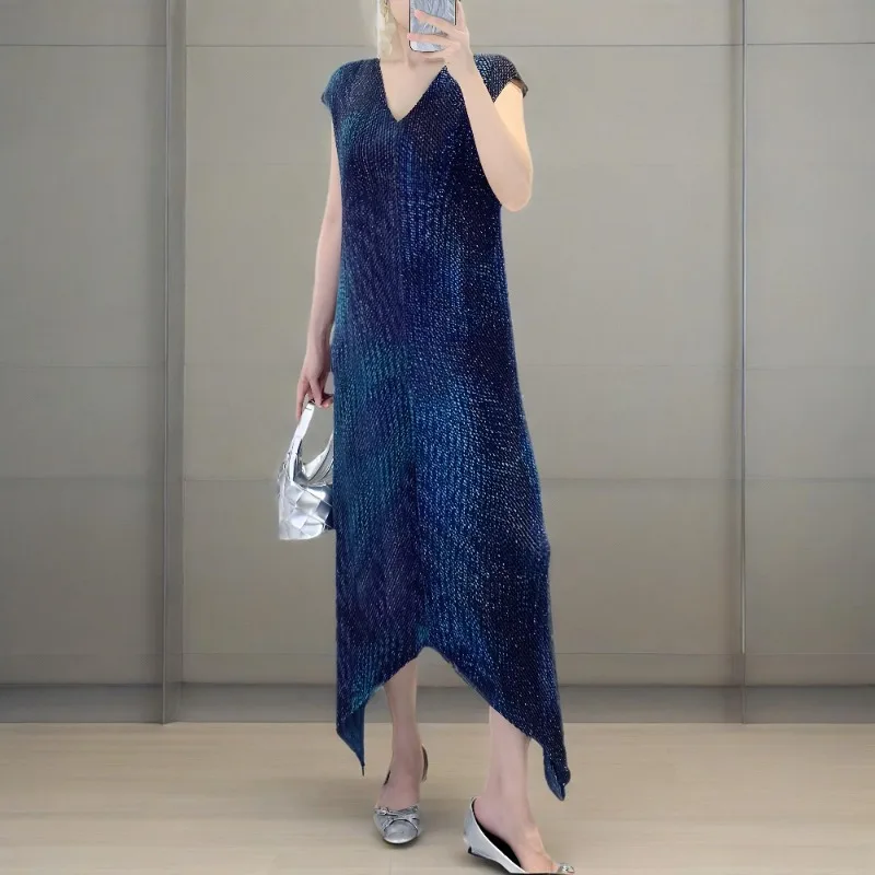 

Плиссированные платья Miyake с принтом тай-дай, лето 2021, элегантное темпераментное плиссированное свободное платье-смокинг с v-образным вырезом, дизайнерская юбка Miyake