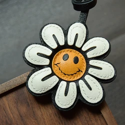 Handmade Genuine Leather Smile Sunflower Bag Charm KeyRing Key Chain with Gift Box