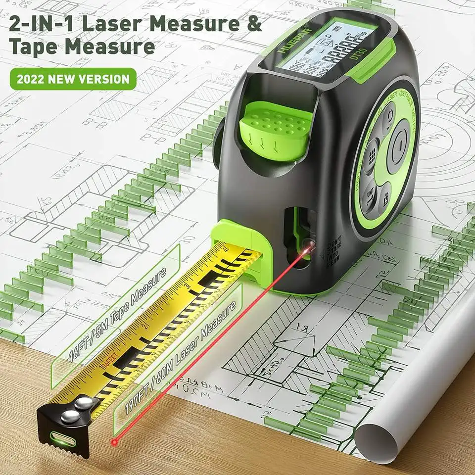 Huepar Pita Pengukur Laser Pengukur Jarak Laser 2 in 1 Pengukur Jarak Laser Digital Layar LCD Alat Pengukuran Laser Isi Ulang