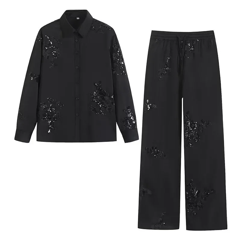 2024 Womens Fashion Sequined Satin Shirt And Drawstring High Waist Trousers Set Chic Youth Vacation Fashion Suit