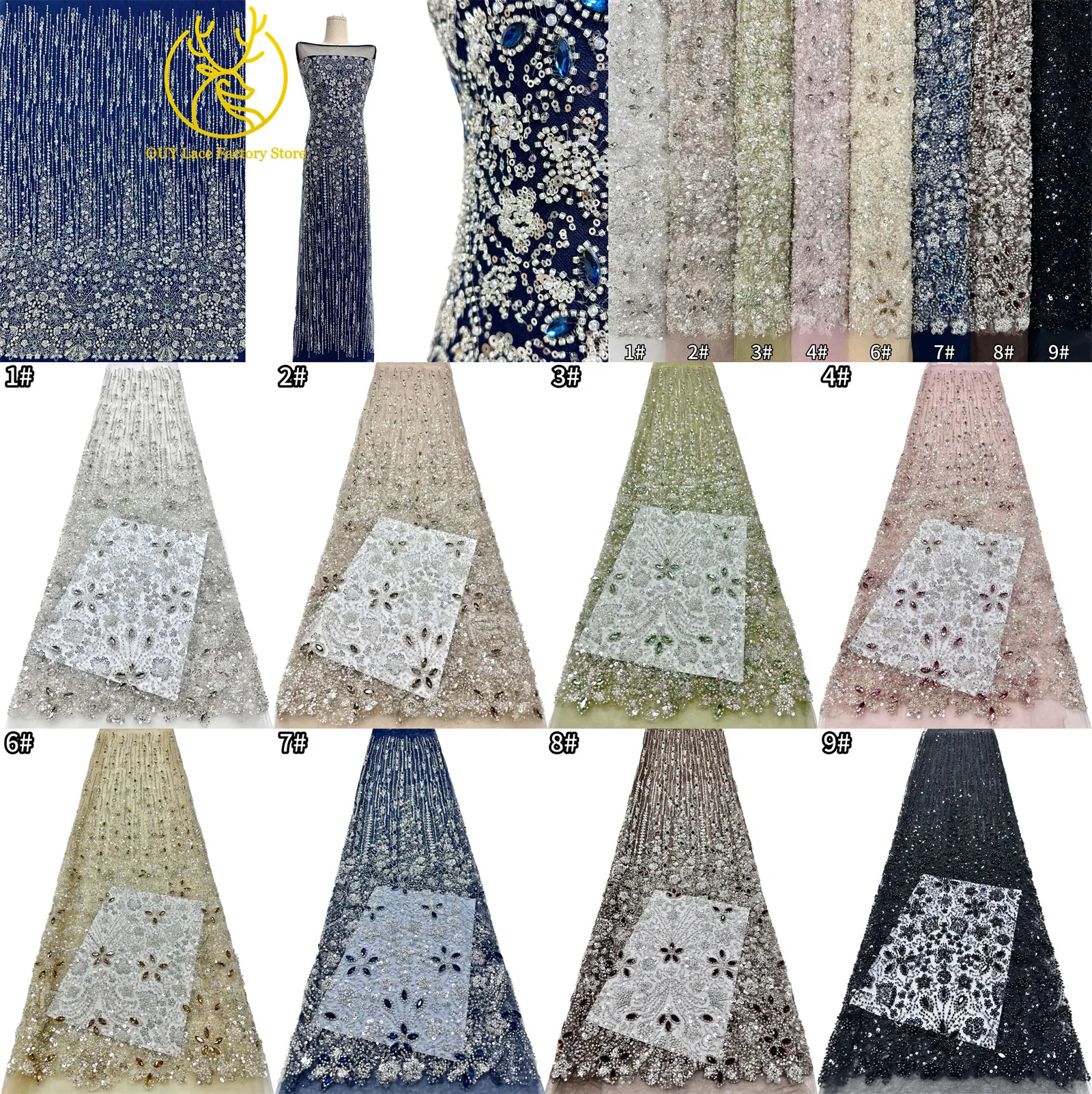 2026 Luxuriöser französischer Mesh-Spitzenstoff mit Perlen und Steinen, marineblau, afrikanischer nigerianischer Edelstein-Pailletten-Spitzenstoff zum Nähen von Hochzeitskleidern – Detail 3
