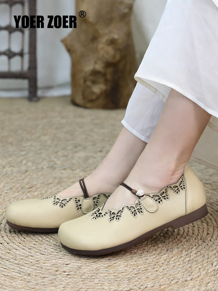 

Women's Loafers Genuine Leather Butterfly hollow Flat vintage women's shoes Casual shoes Cowhide round head Japanese Style 2023