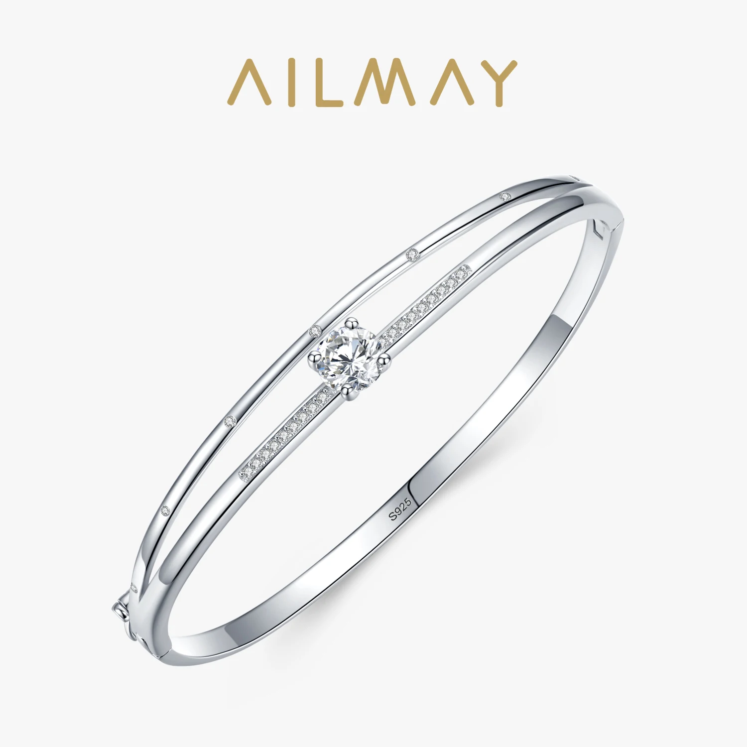 Ailmay 925 Sterling srebrna iskrząca przezroczysta cyrkonia bransoletki proste wykwintne dla kobiet ślubne ozdobne piękna srebrna biżuteria