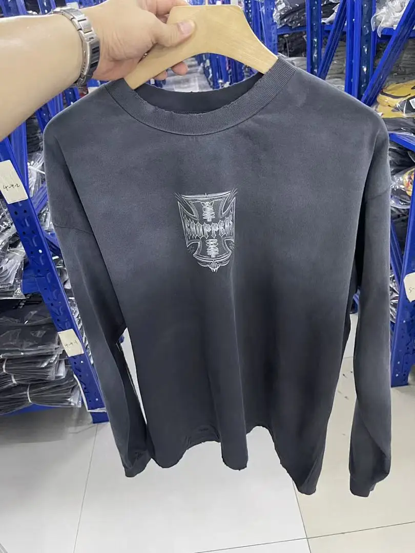 Men Vintage Washed Black Iron Cross Long Beach CA Letter Long Sleeve T-Shirt Motorcycle Streetwear Oversized Loose Cotton Tee