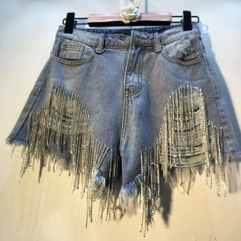 

2026 Denim Shorts Women Hole Ripped Jeans Tassels Diamonds Sexy Washed Distressed High Waist Streetwear Y2k Straight Short Pants