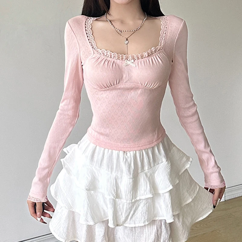 IAMHOTTY Coquette Jacquard Knit Top Pink White Bow Decorate Lace Stitching Square Collar Tops Autumn Spring Slim-fit Tees Cute