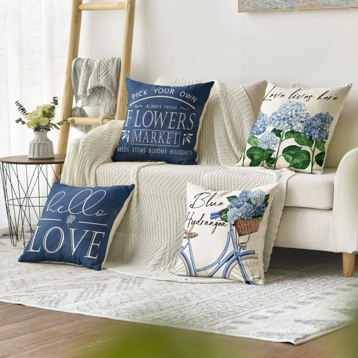 Hydrangea Bicycle Throw Pillow Covers, Flowers Summer Spring Mother's Day Cushion Case for Sofa Couch Set of 4