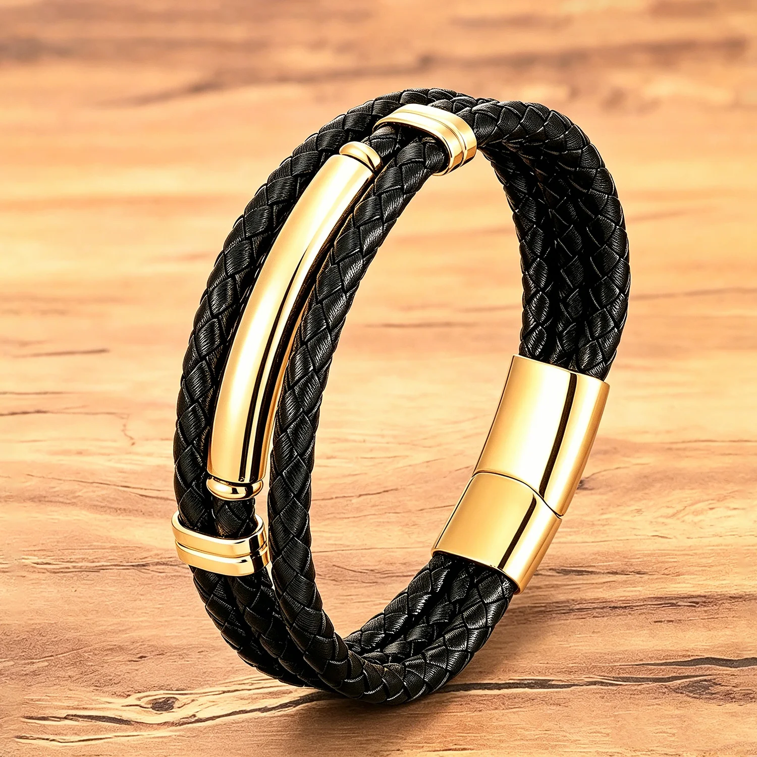 Luxury Minimalist Men's Braided Leather Bracelet Double Strand Black Weave Rope Stainless Steel Clasp Gift for Boyfriend Husband