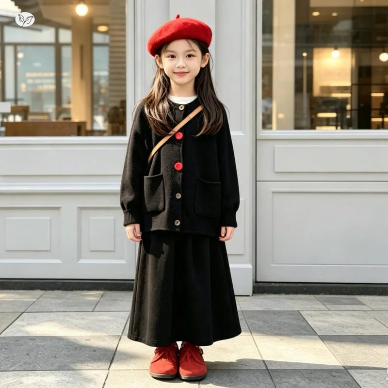 Girls' Knit Set2026New autumn collection for older children: sweater, cardigan, skirt, children's autumn outfit set in Korean st