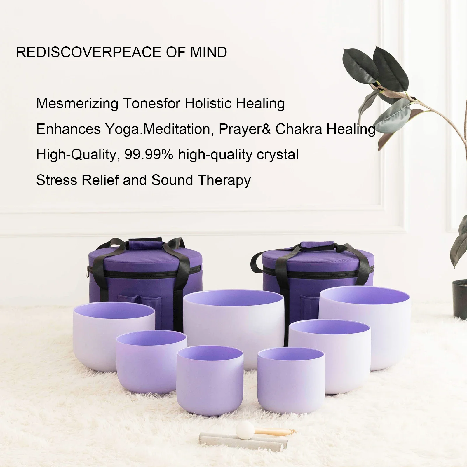 STARLINKUP 7Pcs Purple Quartz Crystal Chakra Singing Bowl Set 6-12/7-12 Inch CDEFGAB Note with Carry Case for Yoga Sound Healing