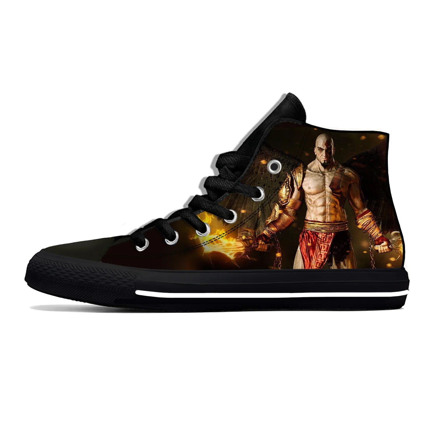 Kartun Anime God of War Kratos permainan keren kasual modis sepatu kain atasan tinggi ringan bersirkulasi 3D cetak Sneakers Pria Wanita