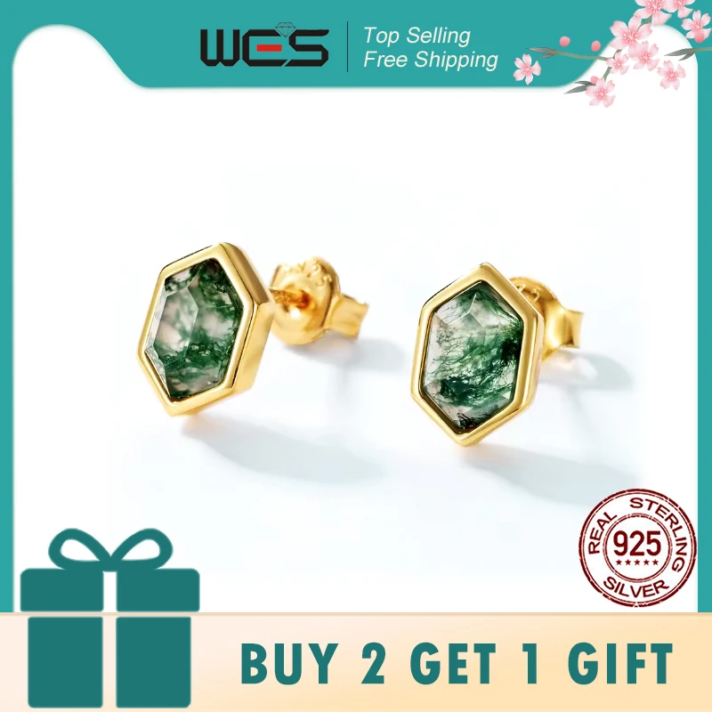 

WES 100% 925 Sterling Silver Geometric Natural 5*8mm Moss Agate Stud Earrings for Women Gold Plated Wholesale Party Jewelry
