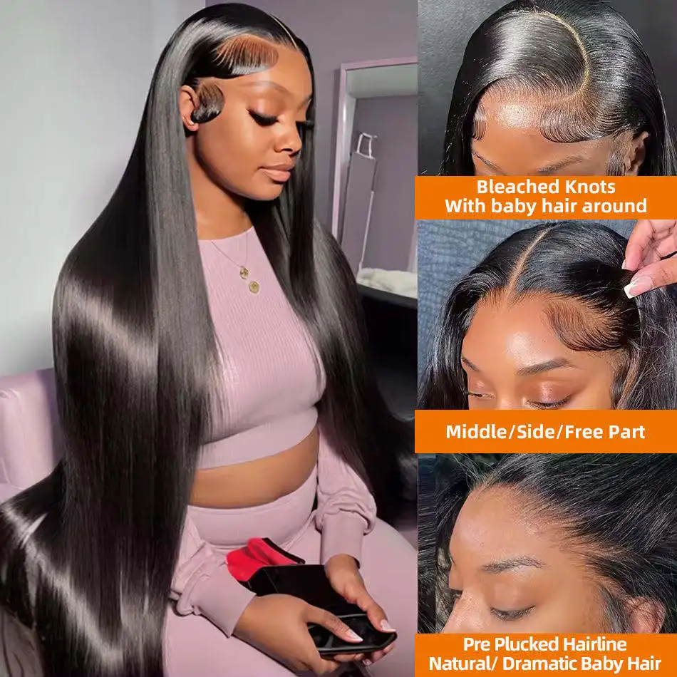 Wholesale Straight 13x4 Glueless Lace Front Wig Human Hair 30inches Natural Color 200% Density Full Lace Frontal Human Hair Wigs