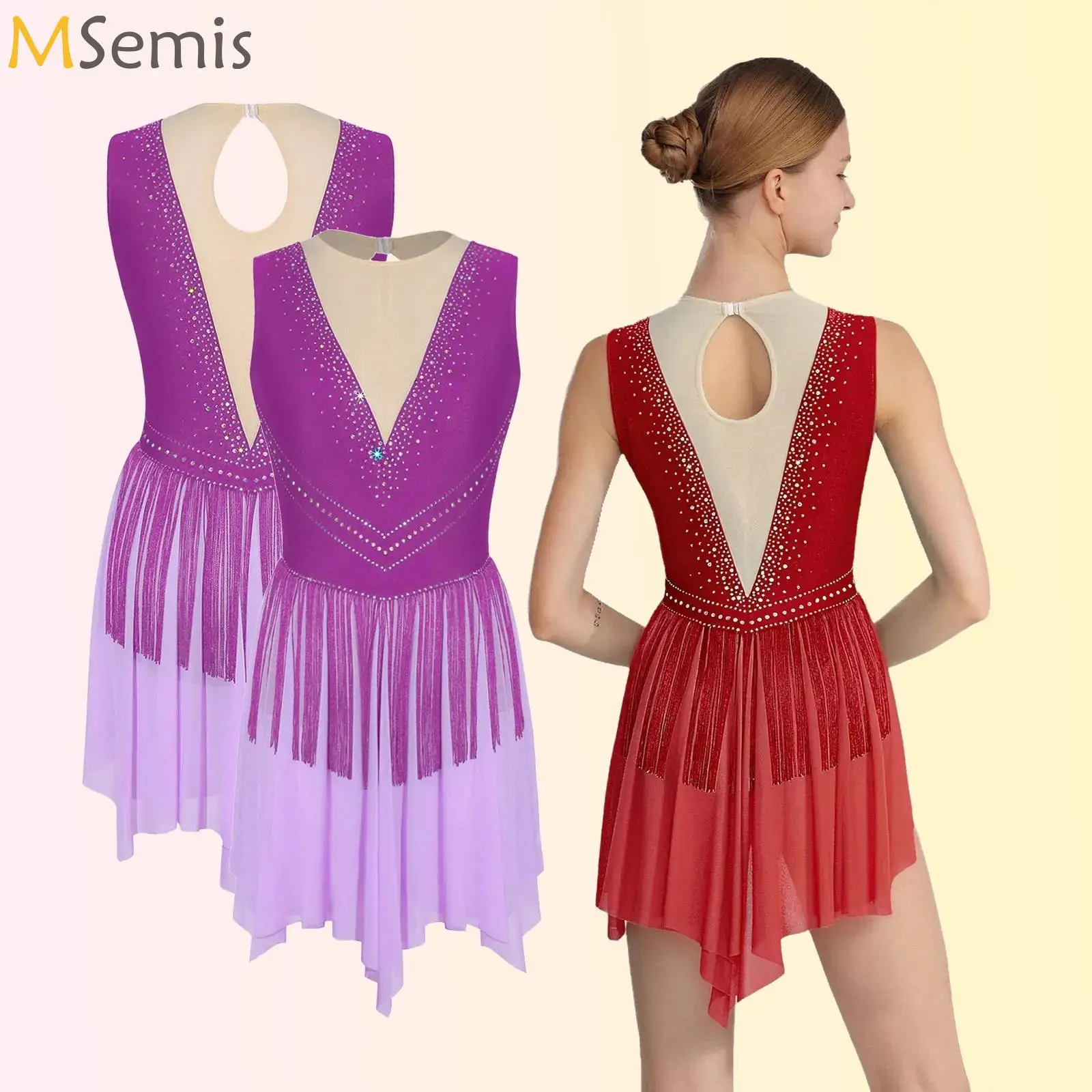 

Womens Gymnastics Ballet Lyrical Dance Leotard Dress Rhinestones Tassel Mesh Skirt Dress Modern Contemporary Dance Stage Costume
