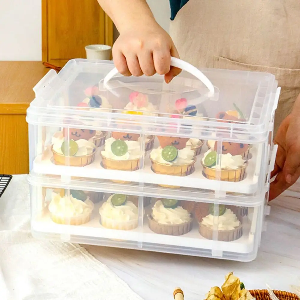 

2 Tier Cupcake Carrier Rectangle with Lid and Handle Cupcake Storage Box 24 Grids Transparent Cupcake Containers Picnic