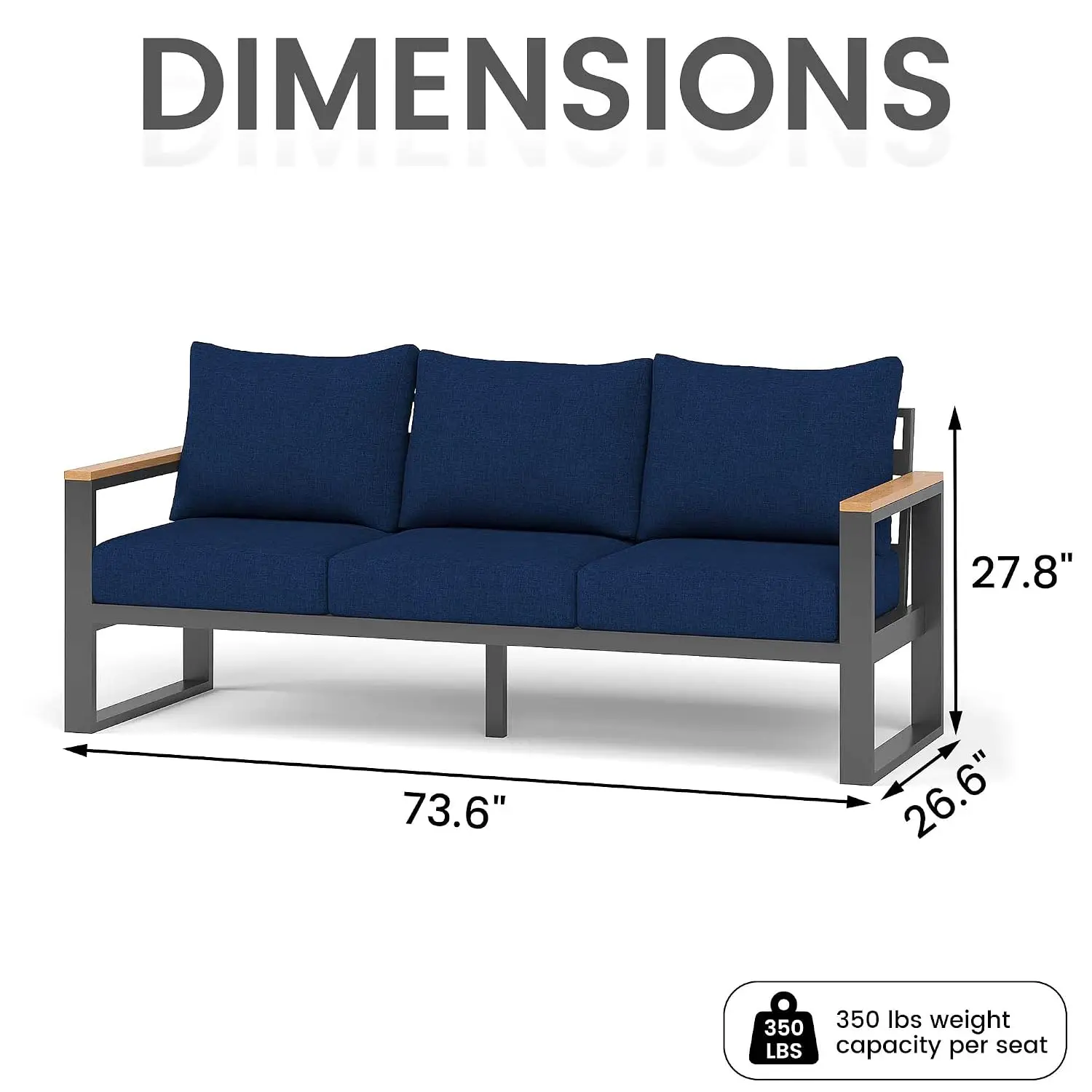 Aluminum Outdoor Patio Couch, Metal 3-Seat Sofa with Thick Cushion, Customized