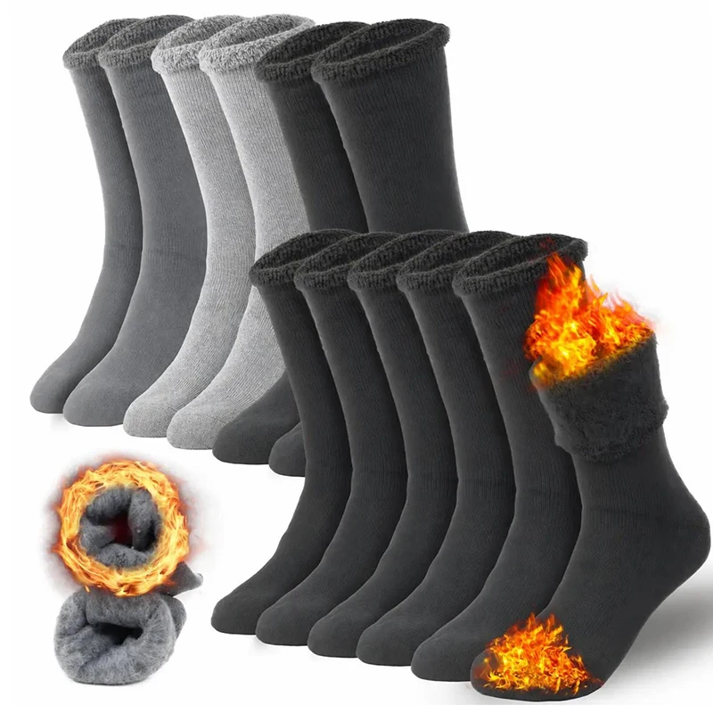 6Pairs Men Winter Thermal Socks Mid-calf Socks Super Thick Fuzzy Plush Lining Turn Over Fleece Sock Cuff Solid Color Boot Socks