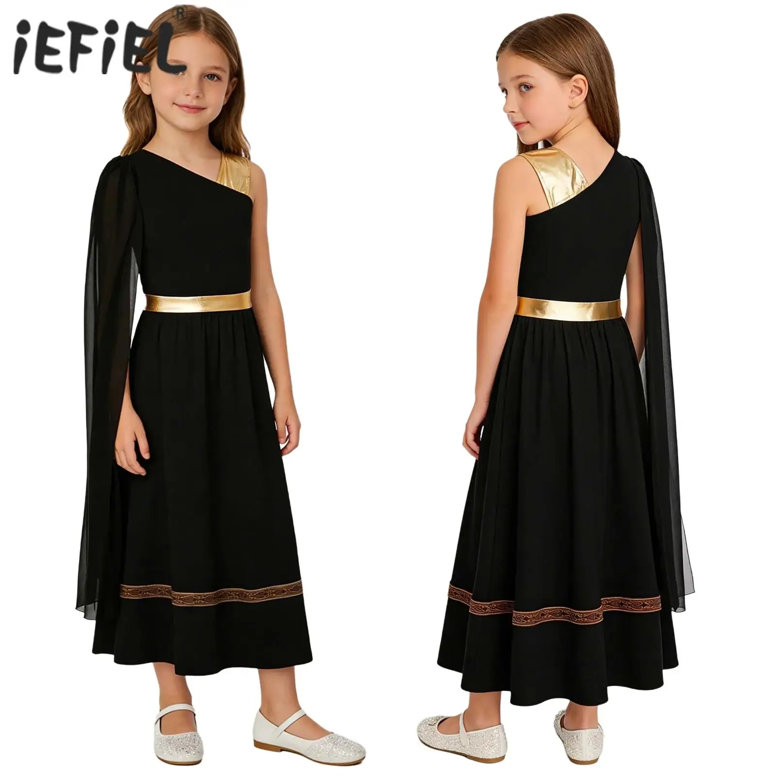 

Girls Ancient Greek Toga Goddesses Costume Sleeveless Gold Trims Toga Greece Roman Queen Dress Halloween Carnival Cosplay Gown