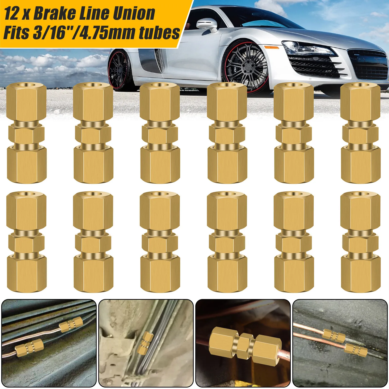 

Pack of 12 Straight Brass Brake Line Compression Fitting Union For 3/16" OD Tube