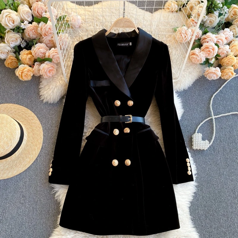 

Elegant Women's Dress 2024 New Women's Suit Collar British Style Double Breasted Slim Fit Velvet Dress