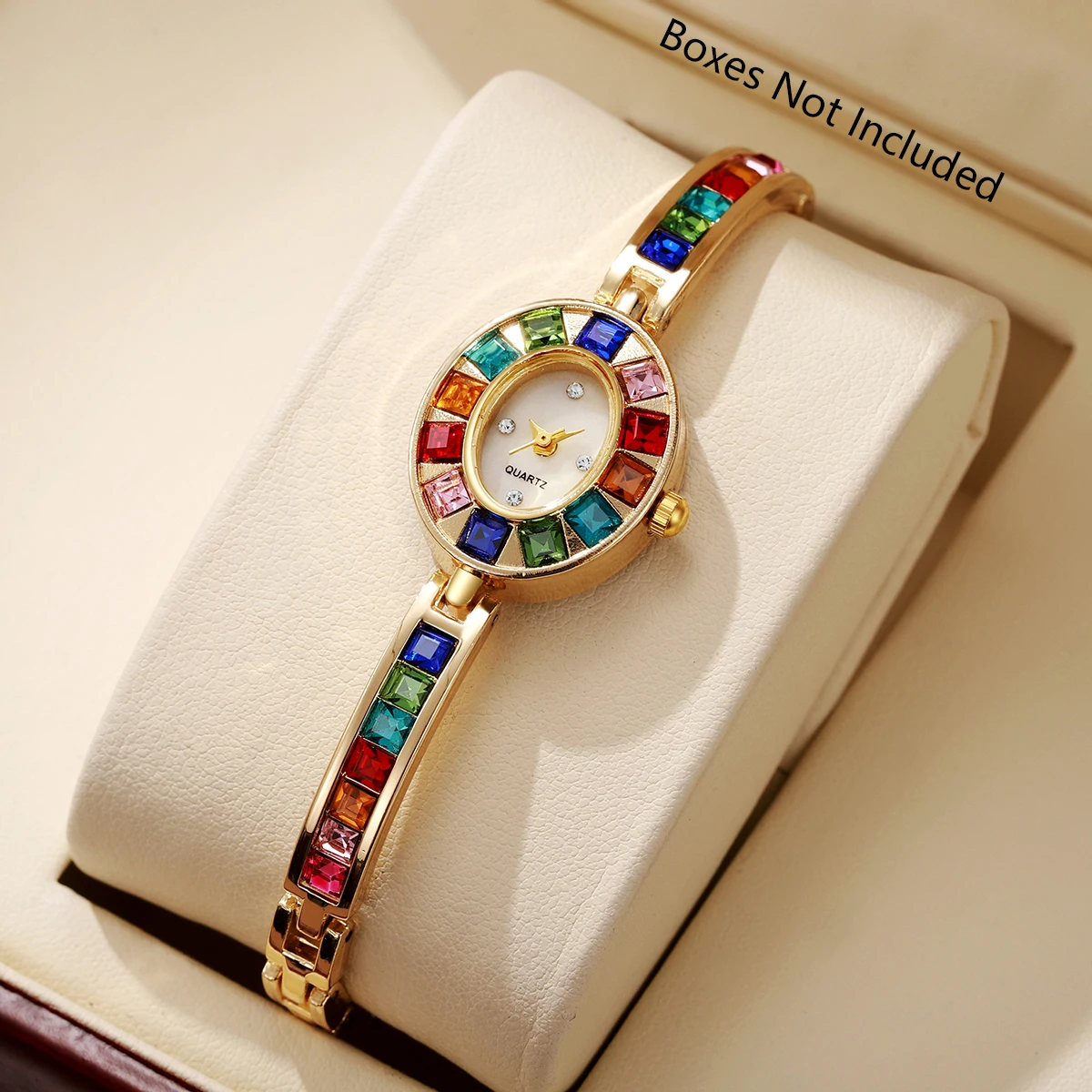 Fashion Women's Rainbow Crystal Bracelet Watch Oval Dial Quartz Wristwatch Reloj Mujer Girls Clock Gift（Without Box）