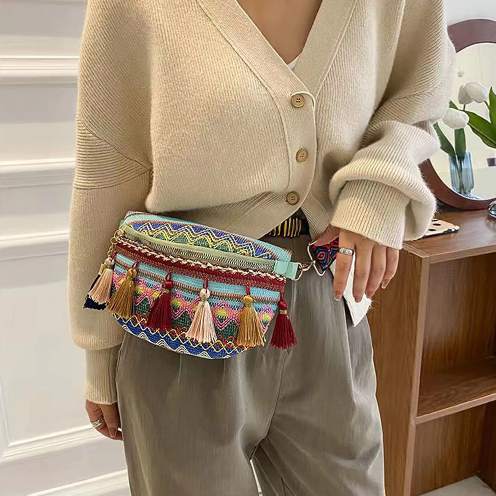 1Pc Female Ethnic Style Waist Bag with Adjustable Strap Variegated Color Fanny Pack with Fringe Decor Crossbody Chest Bag