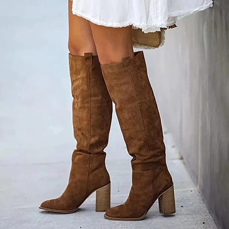 Mujer New Style High-heeled Boots Women Autumn Winter European American Large43 Casual Thick Heel Knee Boots Women Fashion Boot