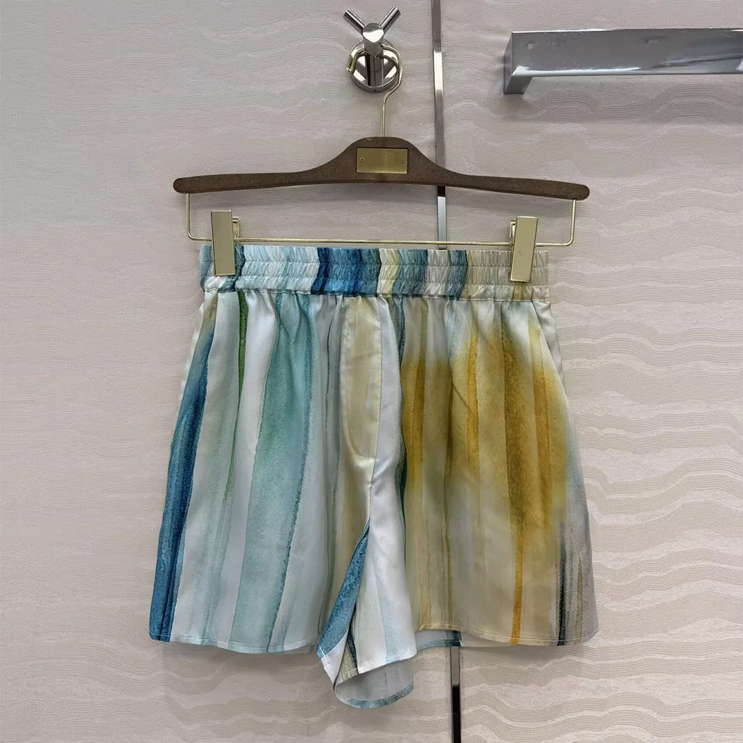 

2026 New Summer Elegant Fashion 100% Silk Shorts Women Light Blue Vertical Stripe Tie Dye Elastic High Waist Casual Shorts