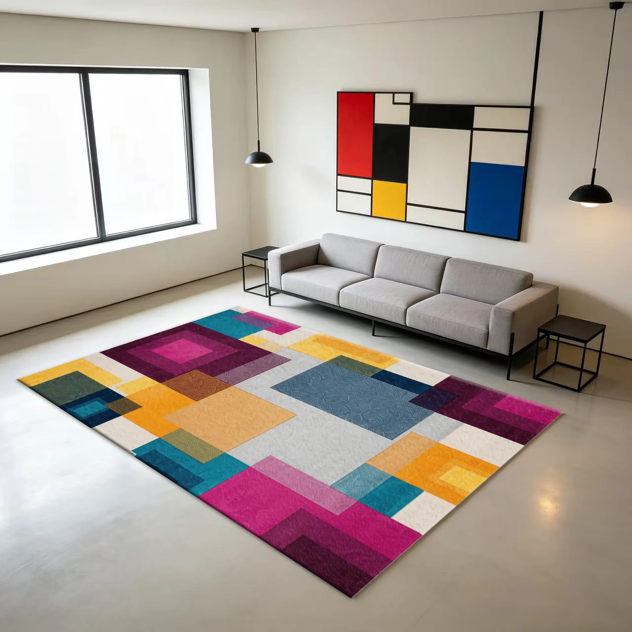 Geometric Color Block Abstract Pattern Carpet Bright Multicolor Square Patchwork Modern Home Floor Rug