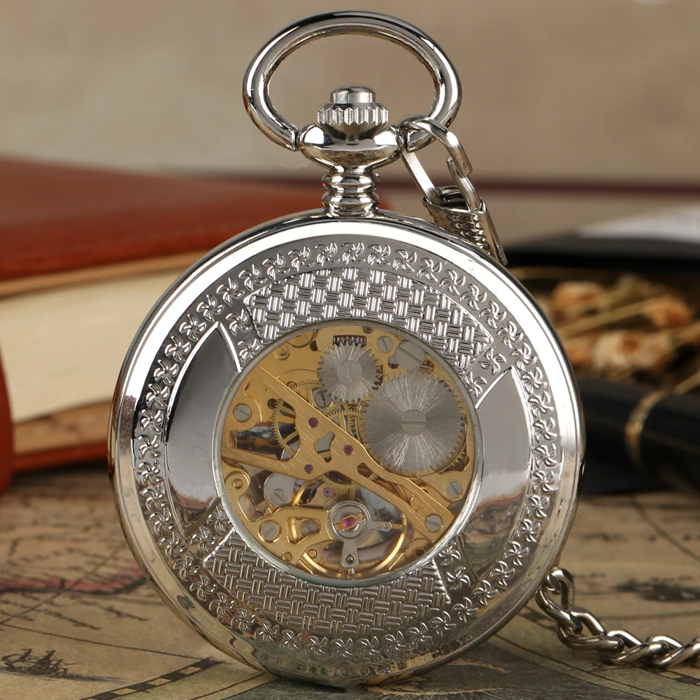 الأرقام الرومانية الهاتفي الجوف الفضة دليل ساعة الجيب الميكانيكية الرجعية Steampunk فوب سلسلة الميكانيكية اليد لف ساعة الجيب