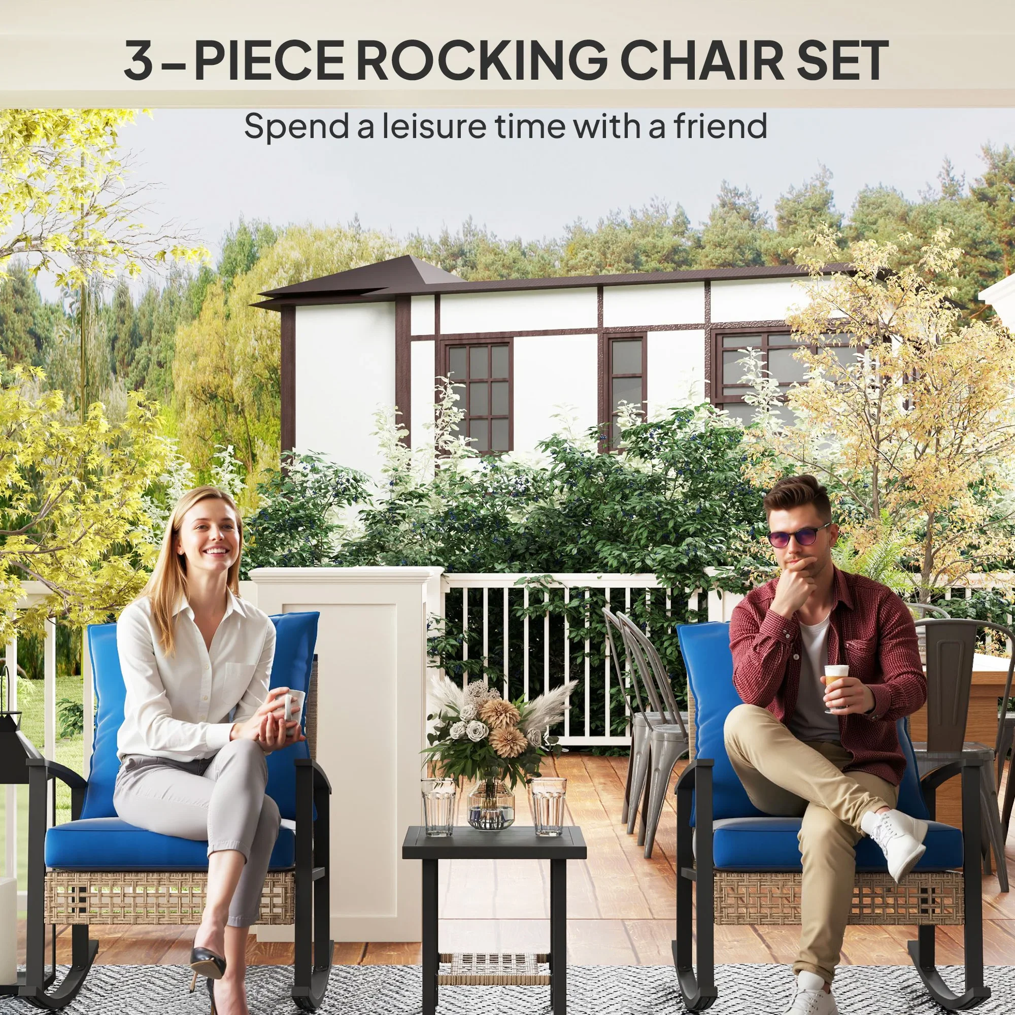 

2 x Rocking Chair and 1 x Coffee Table,Rocking Chairs with Protective foot pads,fit for Porch Balcony Backyard Garden.bule+black