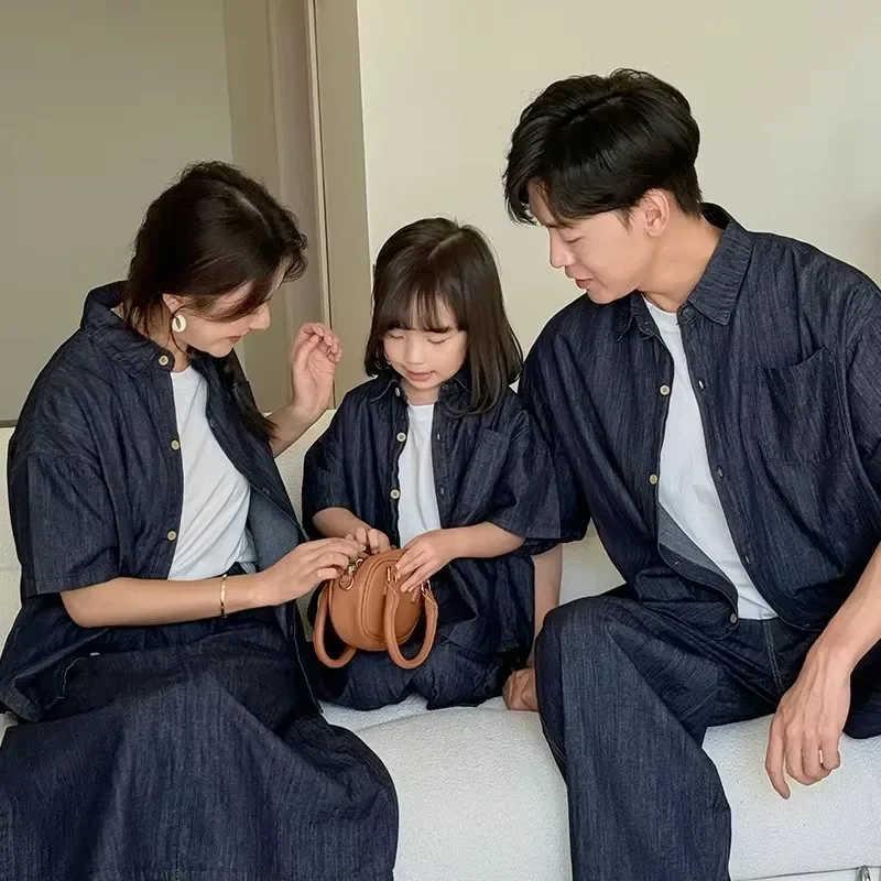 Family Denim Clothes 2024 Summer Fashion Dad Son Shirts Jeans Outfits Mom Daughter Skirts Two Piece Set Korean Women Clothing