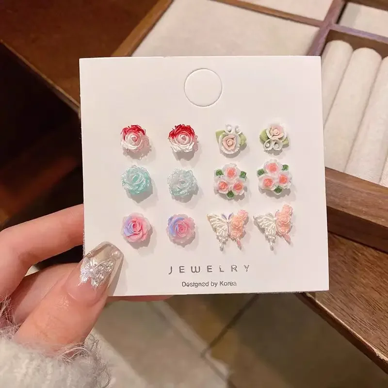 Conjunto de pendientes coreanos delicados de resina dulce con forma de flor para vacaciones para mujeres y niñas, joyería para Piercing, regalos Y2K