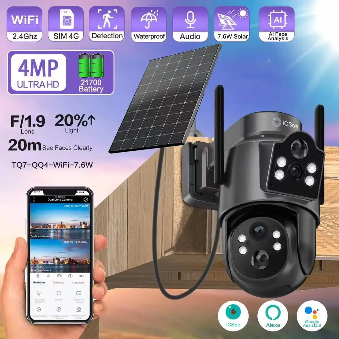 

4MP 1440P iCsee APP Solar Power Full Color WIFI PTZ IP Dome Camera AI Humanoid Detection Home Security CCTV Baby Monitor