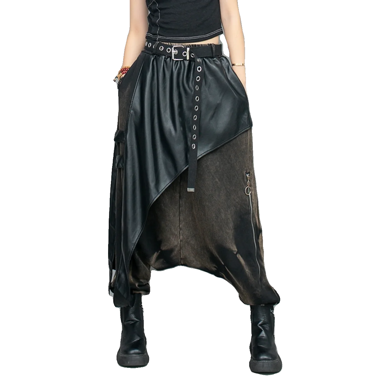 

Women's Faux Leather Splice Cotton Cross-Pants, Patchwork, Hanging Crotch Trousers, Baggy Hip Hop, Street, Autumn, Winter