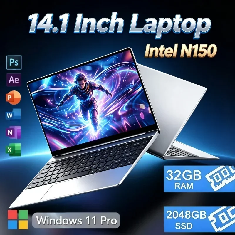 14.1 Inch New Release Notebook Intel N150 Windows 11 System 32GB RAM 2TB SSD Slim Laptop For Office Class Homework Casual Game