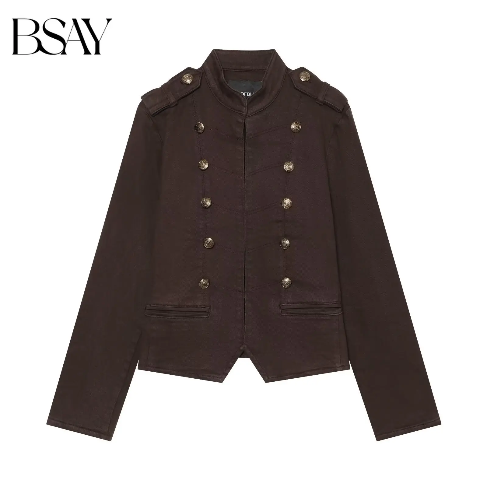 BSAY Vintage Napoleon Denim Jacket Women Stand Collar Double‑Breasted Metal Buttons Epaulet Fitted Cropped Military Outerwear