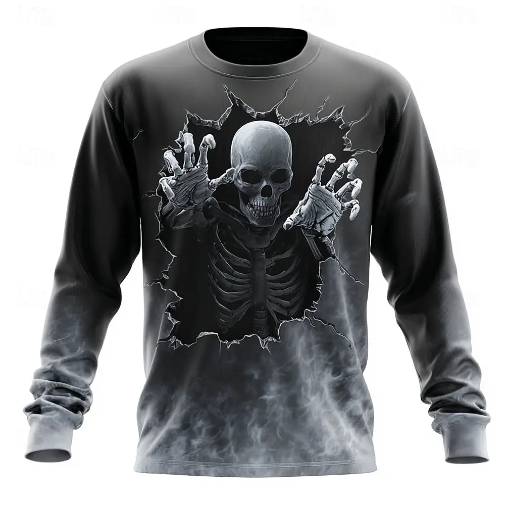 

Autumn New Round Neck Men's Long-Sleeved T-shirt Tops Fashion Halloween Abstract Skull Horror Street Casual Daily Men Clothing