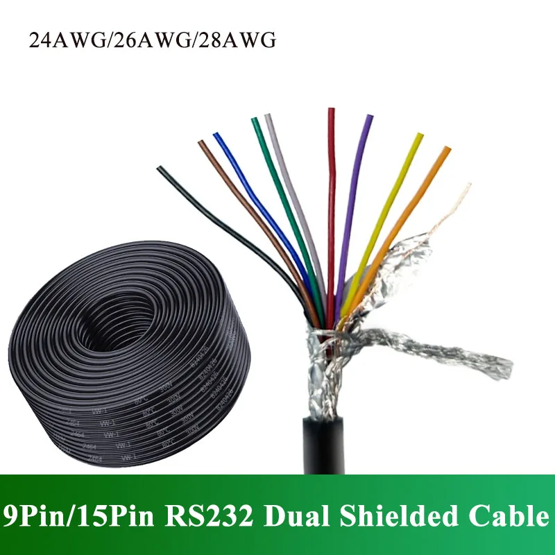 

9-контактный 15-контактный двойной экранированный кабель из чистой меди RS232 485, коммуникационный сигнальный кабель, провод управления RVVP, последовательный порт, американский 28-24AWG