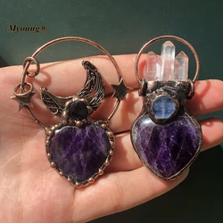 5PCS Bronze Plated Large Heart Shape Natural Amethysts Crystal Vintage Necklace Pendant Moon Stars Stone Bohemia Jewelry