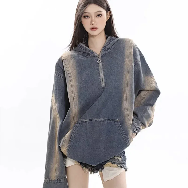 Spring Autumn Denim Hoodie Fashion Loose Zipper Hooded Tops Long Sleeve Big Pocket Gradient Color Cowgirl Hoodies Coat Female