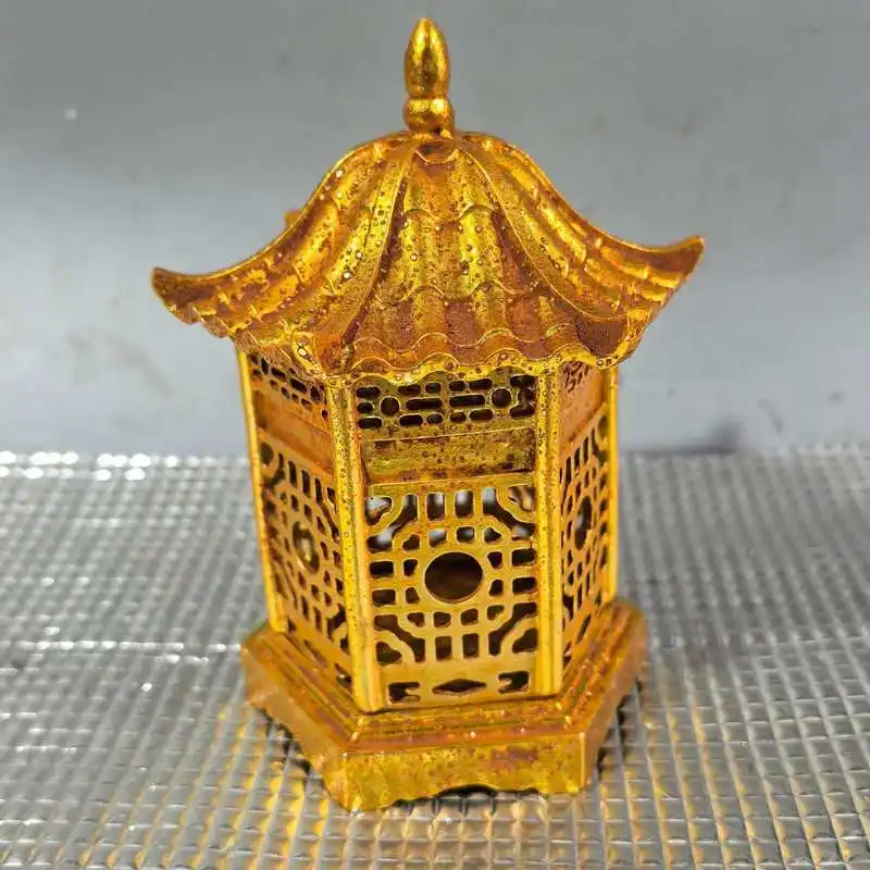 Collectible vintage brass Chinese-style , copper pavilion incense burner, living room decorative copperware, antiq