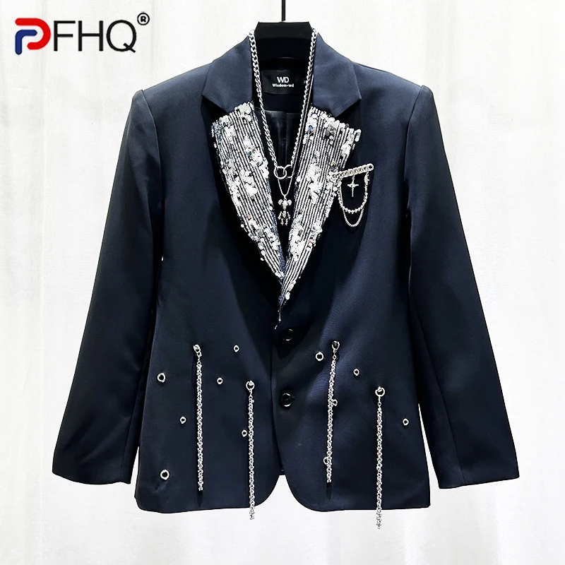 

PFHQ New Niche Design Sequin Chain Decoration Men's Suit Korean Fashionable 2024 Contrast Color Luxury Fashion 21Z5952