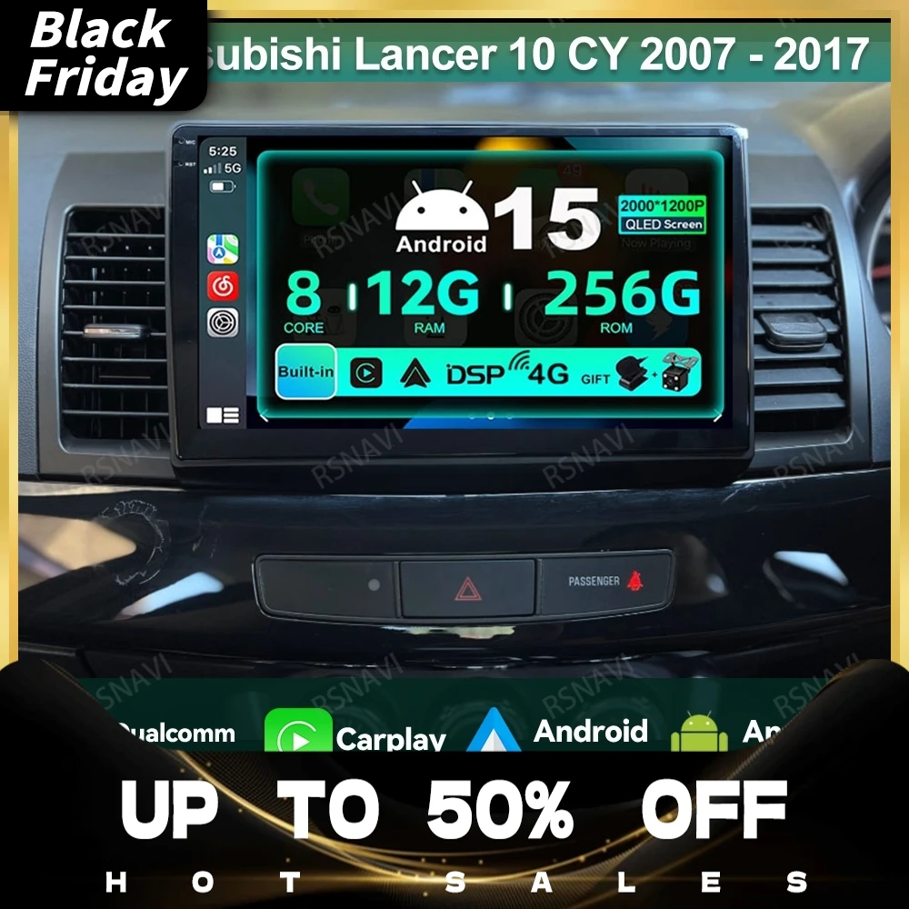 Car Radio Android 15 For Mitsubishi Lancer 10 CY 2007 - 2017 Multimedia QLED DVD BT Wireless Carplay Auto Qualcomm 4G LTE GPS