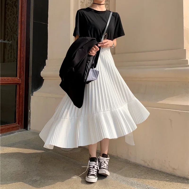 Women Elastic Plus Size Ruffles Korean Vintage Harajuku Long Skirts Female Solid Chiffon Pleated Autumn High Waist Midi Skirt