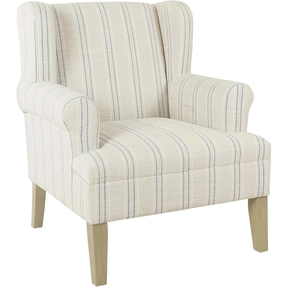 HomePop Home Decor | Upholstered Rolled Arm Wingback Living Room & Bedroom Accent Chair, Blue and White Stripe Woven