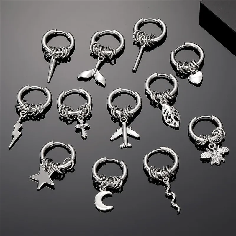 Stainless Steel Cross Star Heart Hoop Earrings For Women Vintage Punk Lightning Bee Snake Moon Leaves Multiple Circle Earrings