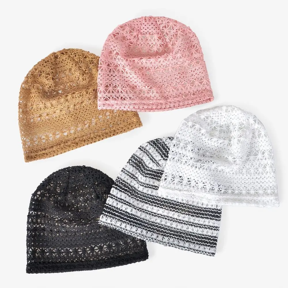 Summer Thin Lace Beanie Cap Women Breathable Mesh Hollow Bonnet Elastic Sun Protection Headwear Stylish Slouchy Casual Hat Gear - view 2