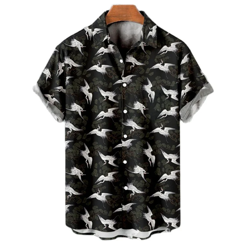 Camisa hawaiana de manga corta con solapa de botones para hombre, ropa masculina, blusa con estampado de grulla china, Animal 3D, Verano